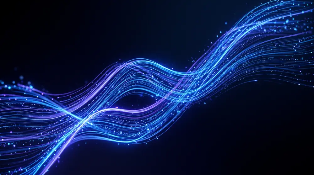 Abstract digital streaming light ribbons in blue and purple