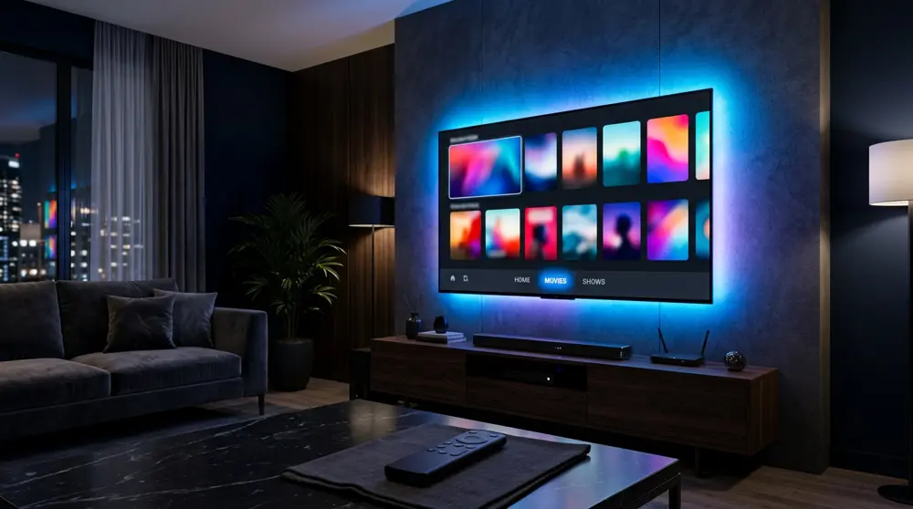 A large 4K smart TV showing a streaming interface in a modern living room with a remote control on the table