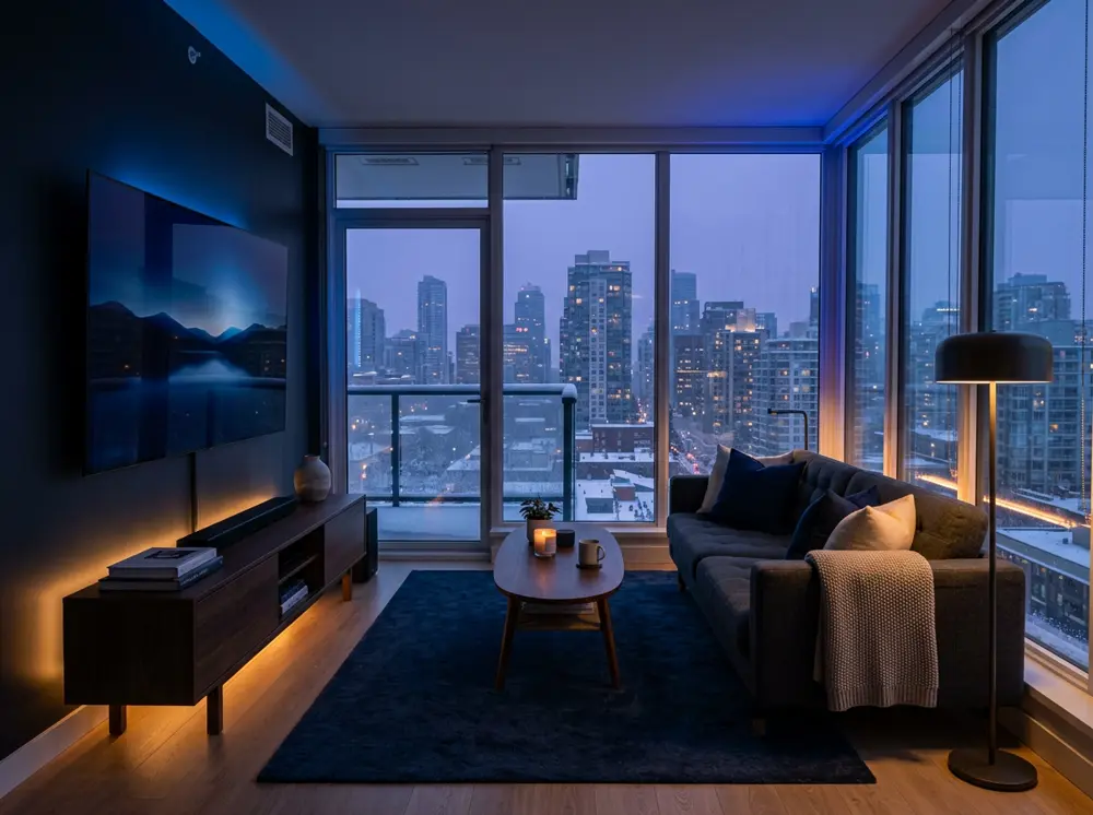 Modern living room with a large 4K smart TV and city view at dusk