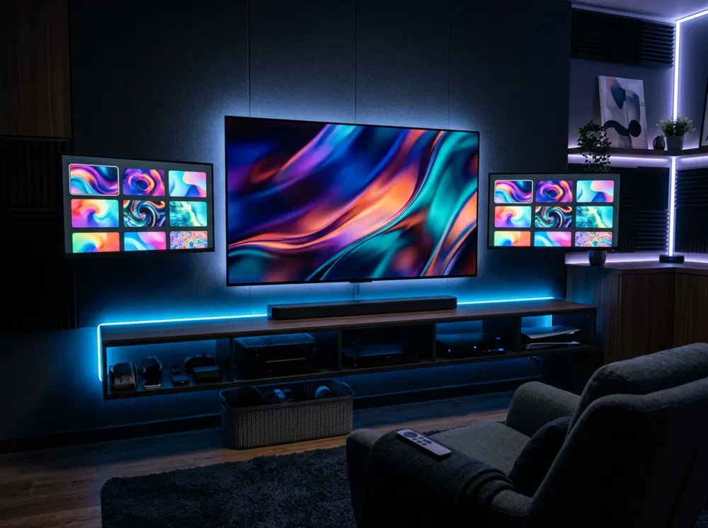 Premium entertainment setup with multiple screens and blue lighting