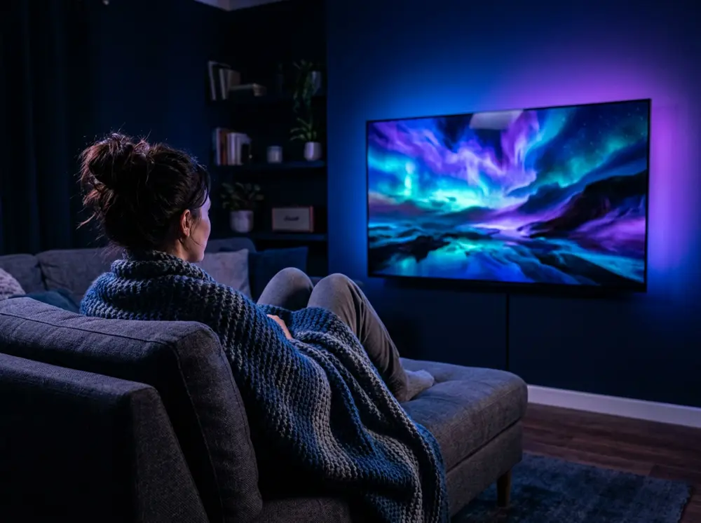 Person relaxing on a sofa while watching a large television